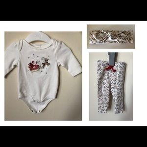 Baby girl Christmas set including onesie, leggings and matching headband.